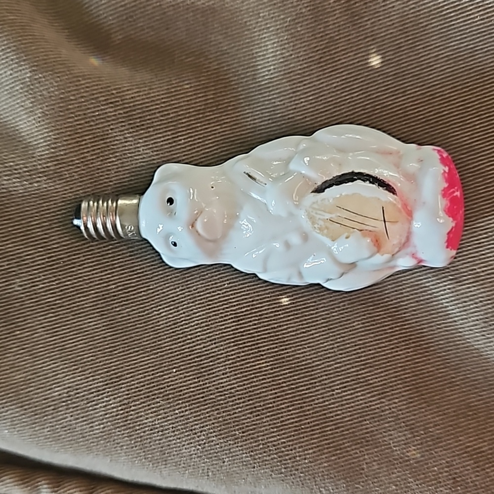 VINTAGE Antique Christmas White Milk Glass Light Bulb Monkey/ Cat with mandolin